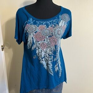 liberty Teal Short-Sleeve Tee with Feather & Rosette Embellishment